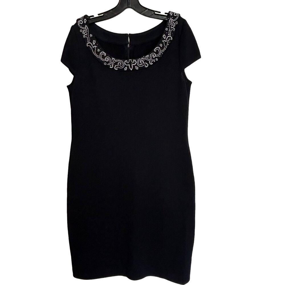 St. John Evening Black Knit Cocktail Dress White Rhinestone Sequin Women Size 10